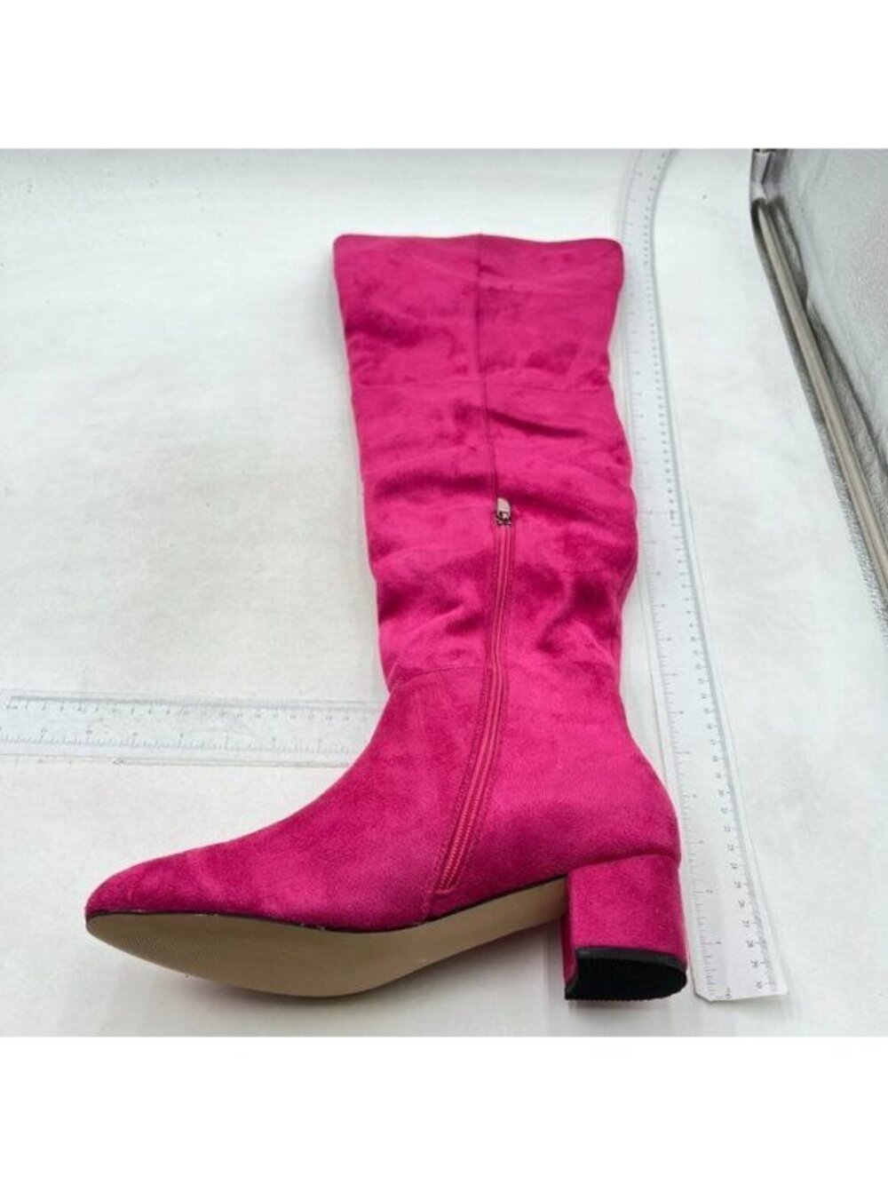Pink Women Closed Toe Knee High Boot Chunky Heeled Zip Up Daily Work Dress Shoes